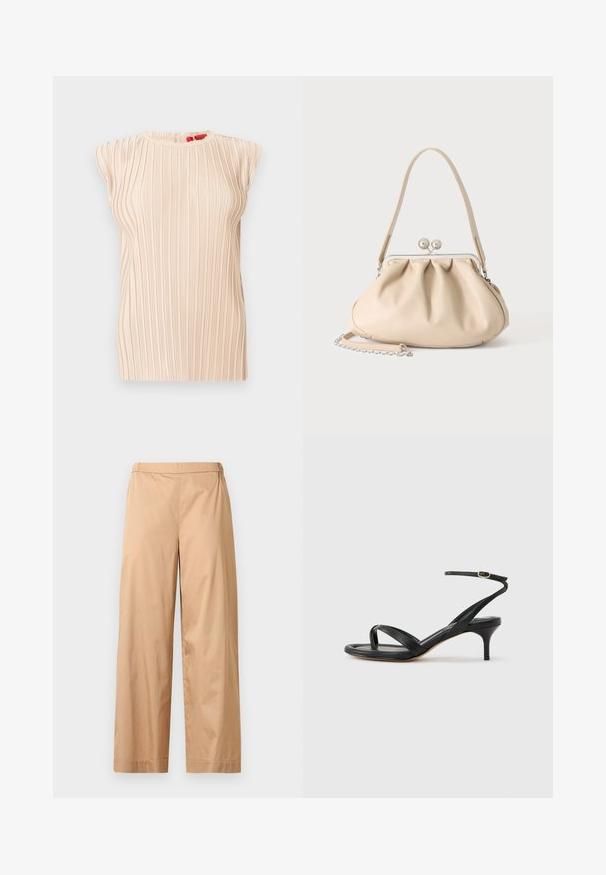 Blouse plissée beige sans manches avec encolure ronde et texture verticale subtile, présentée sur un fond blanc.; Pantalon beige à jambes larges avec une taille haute, un devant plat et un ourlet droit, présenté sur un fond gris clair uni.; Sandale pour femme en cuir noir avec fines lanières, une boucle d'orteil, une boucle à la cheville et un talon aiguille de hauteur moyenne sur un fond neutre.; Sac à main en cuir souple beige avec un fermoir en métal argenté, une bandoulière simple et une bandoulière chaîne optionnelle sur fond blanc.