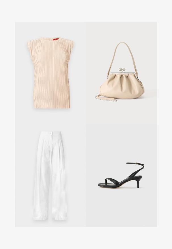 Ärmellose beige plissierte Bluse mit rundem Ausschnitt und dezenter vertikaler Struktur, präsentiert vor weißem Hintergrund.; Weiße, hochgeschnittene, weite Hose mit vorderen Falten und einem einzelnen Knopfverschluss am Bund.; Schwarze Ledersandale für Damen mit dünnen Riemchen, einer Zehenlasche, einer Knöchelschnalle und einem mittelhohen Stöckelabsatz vor neutralem Hintergrund.; Beige weiche Lederhandtasche mit silbernem Metallrahmenverschluss, einem Schulterriemen und einem optionalen Kettenriemen auf weißem Hintergrund.
