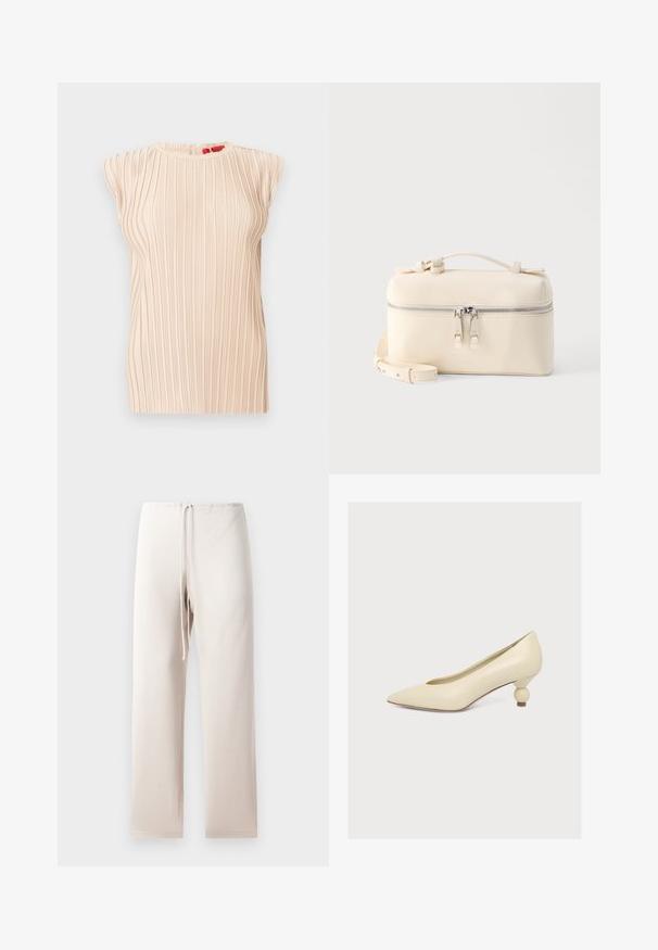 Blouse plissée beige sans manches avec encolure ronde et texture verticale subtile, présentée sur un fond blanc.; Pantalons en tissu beige clair avec une coupe droite, dotés d'une taille élastique et d'un cordon de serrage. Le matériau semble doux et lisse.; Escarpin couleur crème à bout pointu avec un talon bas unique en forme de bulbe sur fond blanc uni.; Sac rectangulaire en cuir crème avec double fermeture éclair argentée, poignée supérieure et bandoulière réglable sur fond blanc uni.