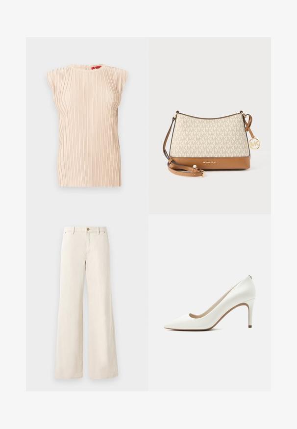 Blouse plissée beige sans manches avec encolure ronde et texture verticale subtile, présentée sur un fond blanc.; Pantalons larges beiges en coton avec une texture lisse. Comprend une fermeture à bouton, des poches avant et un design de taille classique.; Escarpin blanc en cuir à bout pointu avec talon aiguilles fin et haut, finition lisse, vu de profil sur fond clair uni.; Sac à main beige et marron Michael Kors avec motif logo MK, bandoulière réglable et breloque MK dorée sur un fond clair.