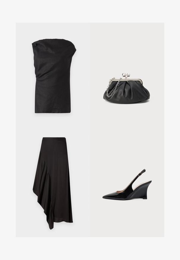 Zwarte mouwloze top van een lichte, gestructureerde stof. Beschikt over een gedrapeerde halslijn en een losse pasvorm met een rechte zoom.; AERON ASTER SKIRT - Kokerrok - black; Zwarte lakleren slingback wedge schoen met puntige neus en verstelbare enkelband gesp op witte achtergrond.; Zwarte leren clutch met geplooide textuur, zilverkleurig metalen frame, drukknopsluiting en kettingriem. Glad, zacht oppervlak.
