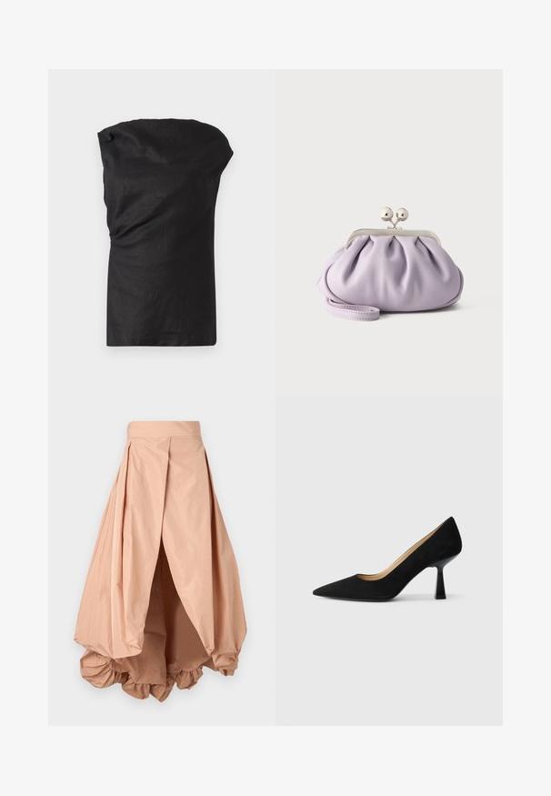 Sort ærmeløs top i et let, struktureret stof. Har en draperet halsudskæring og en afslappet pasform med en lige kant.; Peachfarvet puffskørt lavet af letvægtsstof, med en samlet søm og plisseret design i taljen for en voluminøs silhuet.; Sorte ruskinds højhælede pumps med spids tå, der har en blank sort blokhæl og en glat indvendig foring.; Blød lavendel clutch med opsamlet stof, sølv kiss-lock lås og matchende håndledsrem på en ensfarvet lys baggrund.