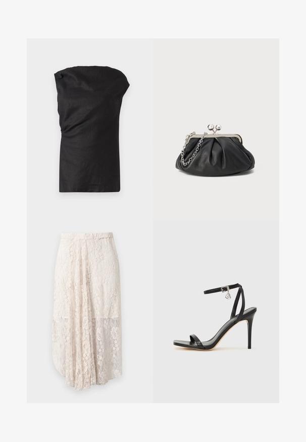 Top sans manches noir en tissu léger et texturé. Dispose d'un col drapé et d'une coupe décontractée avec un ourlet droit.; Jupe maxi en dentelle de couleur beige clair avec des motifs floraux, superposition transparente et taille élastique. Présente une silhouette fluide et superposée.; Sandale à talon haut noire avec une bride étroite à la cheville, bout carré, cuir lisse et accent de boucle métallique.; Porte-monnaie en cuir noir avec texture froncée, cadre en métal argenté, fermeture à verrouillage kiss-lock et bandoulière en chaîne. Surface lisse et douce.