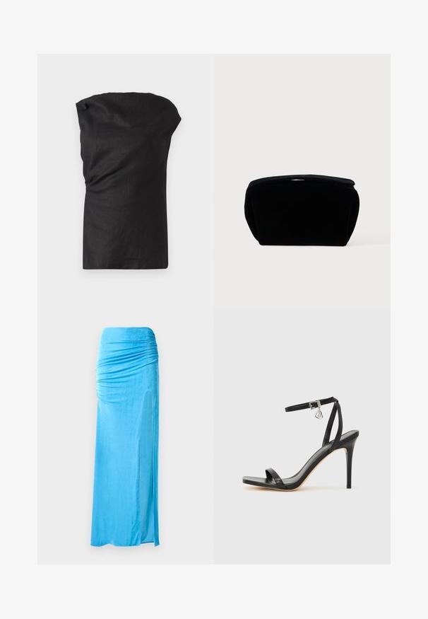 Sort ærmeløs top i et let, struktureret stof. Har en draperet halsudskæring og en afslappet pasform med en lige kant.; Blå velour maxi meget med sammensyninger ved taljen, med en sideslids og glat tekstur for en flydende silhuet.; Sort hæl-sandal med smal ankrem, firkantet tå-boks, glat lædermateriale og metalspænde som pynt.; Blandet kosmetikpung af sort fløjl med en blød, tekstureret overflade, rund top og lynlåslukning. Kompakt design, velegnet til forskellige opbevaringsbehov.