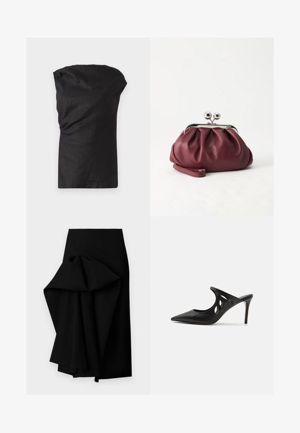 Sort ærmeløs top i et let, struktureret stof. Har en draperet halsudskæring og en afslappet pasform med en lige kant.; Sort nederdel lavet af glat stof, med et oversized draperet design på den ene side, der danner en høj-lav kant.; Sorte læder højhælede mules med spids tå, udskåret sideskærm og glat tekstur. Stiletthæl og subtil syning.; Lille bordeauxlæder clutch-pung med sølv metal lukning og håndledsrem på hvid baggrund.