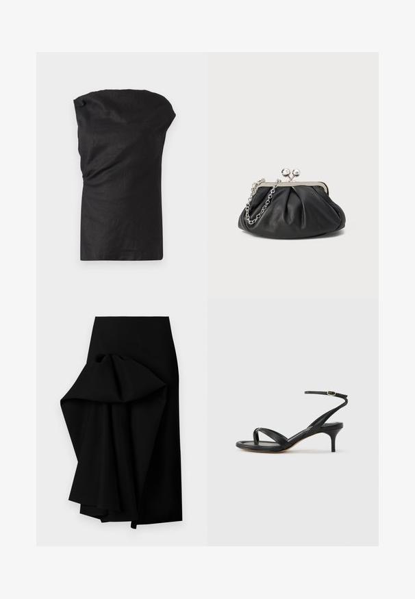 Sort ærmeløs top i et let, struktureret stof. Har en draperet halsudskæring og en afslappet pasform med en lige kant.; Sort nederdel lavet af glat stof, med et oversized draperet design på den ene side, der danner en høj-lav kant.; Sort damesandal i læder med tynde remme, en tå-loop, ankelspænde og en mellemhøj stiletthæl på en neutral baggrund.; Sort læder clutch med samlet tekstur, sølvfarvet metalramme, kys-lås lukning og kædestrop. Glat, blød overflade.