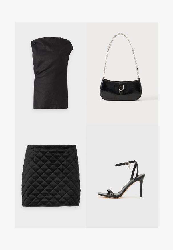 Top sans manches noir en tissu léger et texturé. Dispose d'un col drapé et d'une coupe décontractée avec un ourlet droit.; Jupe mini matelassée noire en tissu doux, avec un motif en losanges, coupe droite et poche latérale dissimulée.; Sandale à talon haut noire avec une bride étroite à la cheville, bout carré, cuir lisse et accent de boucle métallique.; Sac à épaule en cuir verni noir avec détail de boucle argentée et bandoulière en chaîne argentée, présenté sur un fond uni clair.
