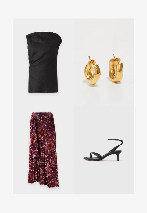 Top sans manches noir en tissu léger et texturé. Dispose d'un col drapé et d'une coupe décontractée avec un ourlet droit.; Rabanne Jupe longue - tapestry/navy/burgundy/red/cream; Sandale pour femme en cuir noir avec fines lanières, une boucle d'orteil, une boucle à la cheville et un talon aiguille de hauteur moyenne sur un fond neutre.; Boucles d'oreilles créoles en or massif avec un design tubulaire légèrement tordu et des fermoirs à tige sur un fond blanc.