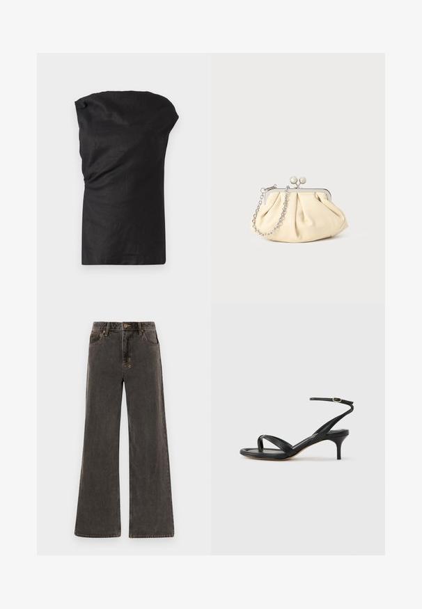 Sort ærmeløs top i et let, struktureret stof. Har en draperet halsudskæring og en afslappet pasform med en lige kant.; Bredde jeans i mørkegrå denim. Har høj talje, fem lommer og kontrasterende guld-syninger. Subtil slitage giver et struktureret udseende.; Sort damesandal i læder med tynde remme, en tå-loop, ankelspænde og en mellemhøj stiletthæl på en neutral baggrund.; Plisseret beige læderclutch med en sølvmetalramme, der har to runde dekorative låse og en sølvkædetrasporte.