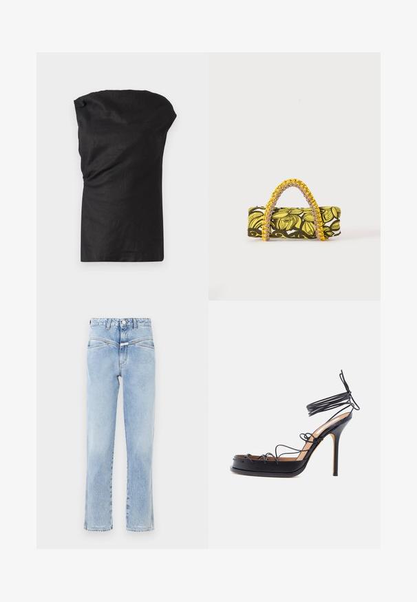 Top sans manches noir en tissu léger et texturé. Dispose d'un col drapé et d'une coupe décontractée avec un ourlet droit.; Jean en denim bleu clair avec taille haute et coupe droite. Présente un léger délavage, un design standard à cinq poches, et une fermeture à bouton en métal.; Sandale noire à talon haut avec des fines lanières en cuir entourant le pied et la cheville, dotée d'un talon aigu en forme de stiletto.; Sac rectangulaire avec motif floral jaune et noir et anse tressée jaune et rose sur fond blanc.