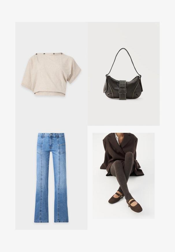 Pull court beige à manches courtes, bord-côtes et boutons noirs le long de l'encolure sur fond clair.; Jean en denim bleu clair avec taille haute, bouton devant, fermeture éclair, détails de coutures et jambes légèrement évasées sur un fond uni.; Des chaussettes marron côtelées jusqu'aux genoux associées à des ballerines en daim marron de type Mary Jane avec une sangle décorative et une boucle, portées avec un manteau sombre.; Sac à épaule en cuir noir avec une sangle à boucle, des bords arrondis et des coutures blanches contrastées sur un fond uni.