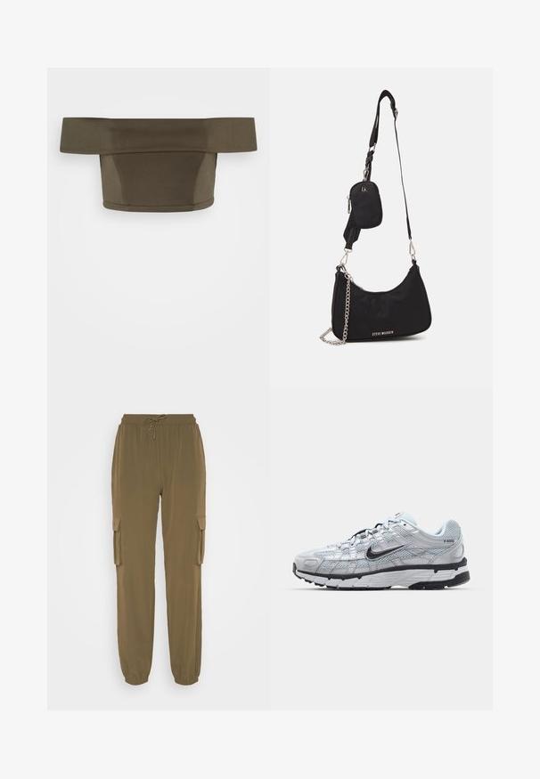 WAL G. BRODY CROP - Tričko s potlačou - khaki; Noisy May NMKIRBY PANTS - Kapsáče - kalamata; Tenisky Nike P-6000 s vrchným materiálom z jemnej šedej sieťoviny, čiernymi akcentmi a odolnou čiernou gumovou podrážkou. Obsahujú jemný dizajn a systém šnurovania.; Čierna nylonová taška cez rameno so zakriveným tvarom, strieborným reťazovým akcentom, odnímateľnou mini taškou a nastaviteľným popruhom; má logo "Steve Madden".