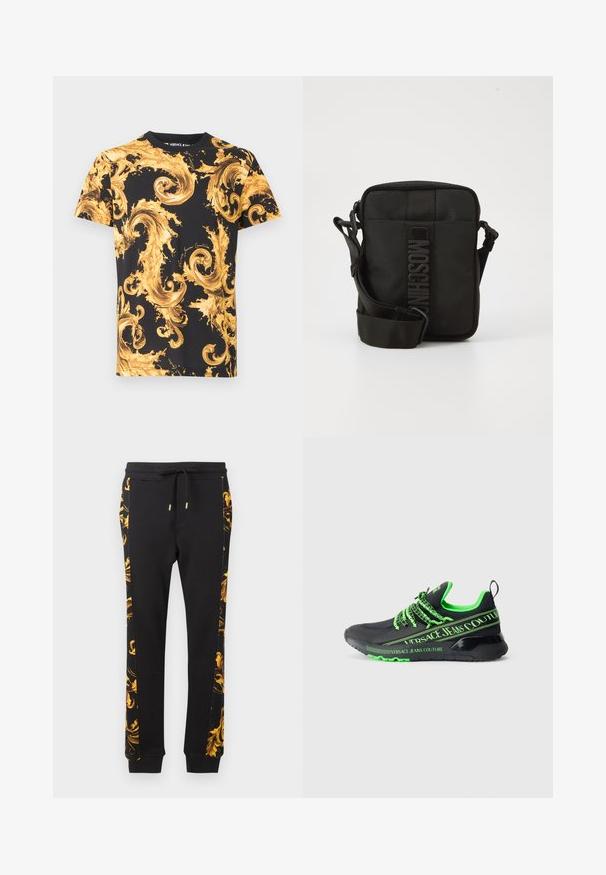 Musta lyhythihainen t-paita, jossa on kierteleviä kulta-barokki-kukkakuvioita ja pieniä "Versace Jean Couture" -tekstikoristeita.; Mustat collegehousut, joissa on kultainen kukkakuosi sivuilla, kapeneva malli ja joustavat hupit. Valmistettu pehmeästä puuvillamateriaalista.; Musta urheilujalkine vihreillä yksityiskohdilla, jossa on verkko-osa, koristeelliset nauhat ja "Versace Jeans Couture" -merkintä sivulla.; Kompakti musta olkalaukku, jossa on säädettävä hihna ja pystysuora MOSCHINO-logo etupaneelin keskellä valkoista taustaa vasten.