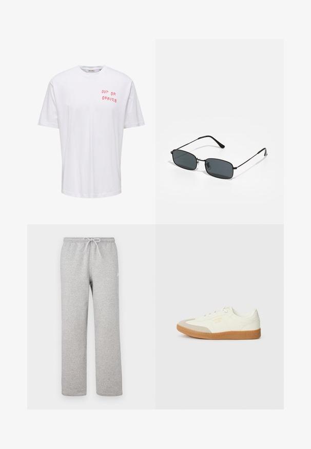 Weißes T-Shirt mit kurzen Ärmeln und rotem Schriftzug "OUT OF OFFICE" auf der linken oberen Brust und rundem Halsausschnitt.; Graue Jogginghosen mit einem elastischen Bund und Kordelzug. Hergestellt aus weichem Stoff, zeichnen sie sich durch gerade Beine und ein dezentes Logodetail aus.; Sneaker aus weißem Leder mit einer beigen Zehenkappe und leichter brauner Gummisohle. Verfügt über flache weiße Schnürsenkel und geprägtes Branding an der Seite.; Schwarzmetallrahmen-Sonnenbrille mit rechteckigen, dunklen Gläsern, dünnen Bügeln und verstellbaren Nasenpads. Leichtes Design mit minimalen Materialien.