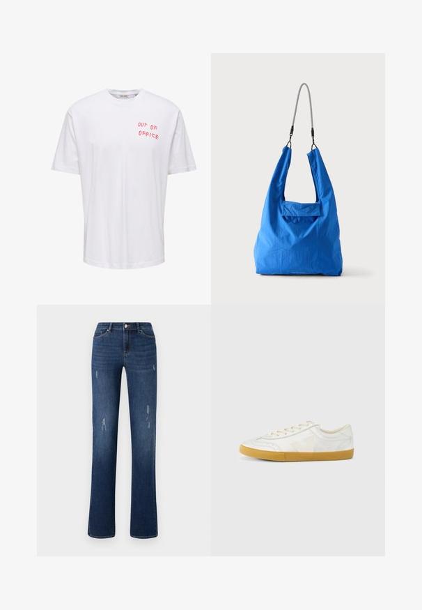 Hvid T-shirt med korte ærmer med rød tekst "OUT OF OFFICE" på øverste venstre bryst og rund halsudskæring.; ONLY ONLWAUW MID WAIST - Jeans Slim Fit - dark blue denim; Hvid lædersneaker med en glat tekstur, med en beige 'V'-logo, rund tå, snørelukning og en sål af gumgummi.; Lyseblå blød stofnettaske med sort-hvid skulderstrop mod en ensartet lys baggrund.