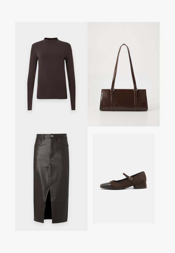 Langærmet turtleneck top lavet af mørkebrunt stof. Har et tætsiddende design og en glat tekstur uden synlige mønstre eller hardware.; Brun læder midi-nederdel med en frontslids, femlomme-design og metal-knap lukning. Glat tekstur og skræddersyet pasform.; Brun ruskind Mary Jane-sko med en sort laklæder tåhætte, justerbar rem og en lav blokhæl. Glat tekstur med minimale detaljer.; Brun lakeret håndtaske med rektangulær form, to lange håndtag og subtile buede detaljer på fronten.