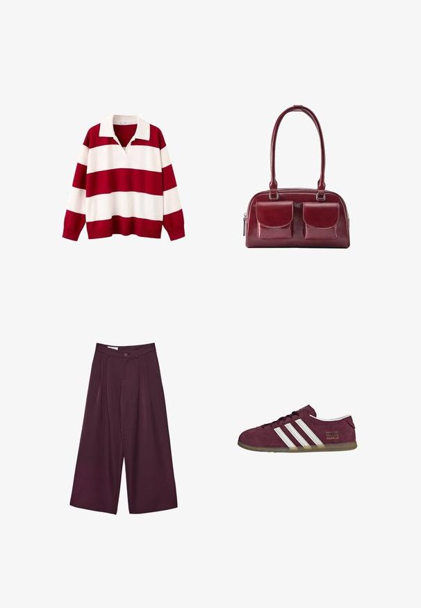 Chemise de rugby à manches longues avec de larges rayures horizontales rouges et blanches et un col blanc sur un fond blanc.; Pantalons larges bordeaux avec une texture lisse, des plis sur le devant, une fermeture à bouton et une taille haute.; Baskets en daim bordeaux avec accents rayés blancs, bout arrondi et semelle en caoutchouc gomme. Comprend une étiquette logo sur le côté extérieur.; Sac à main en cuir rouge foncé avec deux poches avant à rabat et longues bandoulières, présenté sur fond blanc.