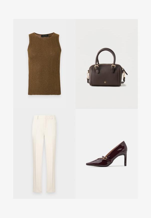 Haut tricoté marron côtelé sans manches avec détail scintillant et col rond, conçu pour les femmes.; Pantalon habillé couleur crème avec passants pour ceinture et coupe slim, présenté à plat sur un fond gris clair.; Chaussure à talon aiguille bordeaux en patent avec un embout pointu, une bride de cheville comportant des accents en métal doré, et une finition lisse et brillante. Talon stiletto surélevé.; Sac à main en cuir marron foncé avec deux poignées supérieures, bandoulière amovible, boucles dorées, fermeture éclair et petit logo circulaire à l'avant.