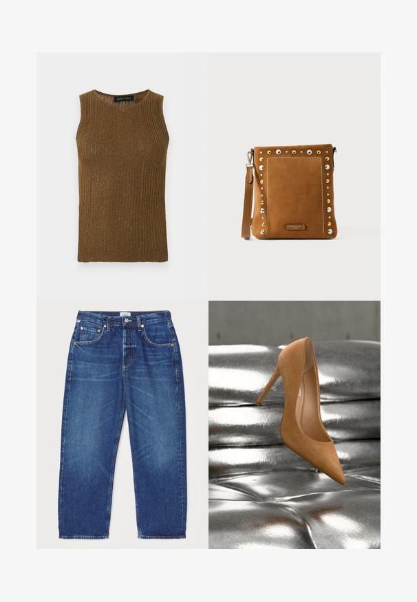 Haut tricoté marron côtelé sans manches avec détail scintillant et col rond, conçu pour les femmes.; Citizens of Humanity DAHLIA IN CLAREMONT - Jean boyfriend - dark-blue denim; Chaussure à talon haut en daim couleur fauve flottant au-dessus d'une surface en cuir argenté capitonné brillante, présentée en angle pour montrer le côté et la semelle intérieure.; Sac en bandoulière en daim marron avec des clous métalliques dorés, argentés et blancs, présentant une bordure cousue et une bandoulière amovible.