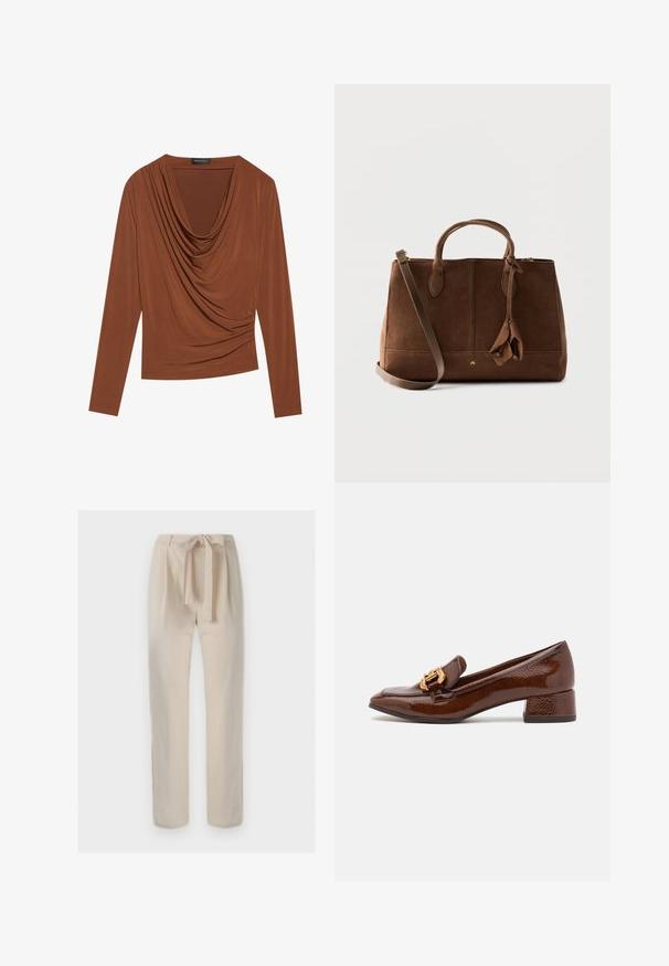 Haut à manches longues en marron foncé, avec un décolleté drapé et des détails froncés sur les côtés, fabriqué en tissu lisse et extensible.; Pantalon beige taille haute avec une ceinture en tissu nouée en nœud, coupe droite et détails minimalistes sur un fond uni.; Mocassins en cuir marron avec une finition brillante, dotés d'une boucle décorative en or à l'avant et d'un talon bas. Design classique.; Sac à main en daim marron avec deux anses, une bandoulière amovible et des pampilles décoratives en daim, présenté sur un fond uni.