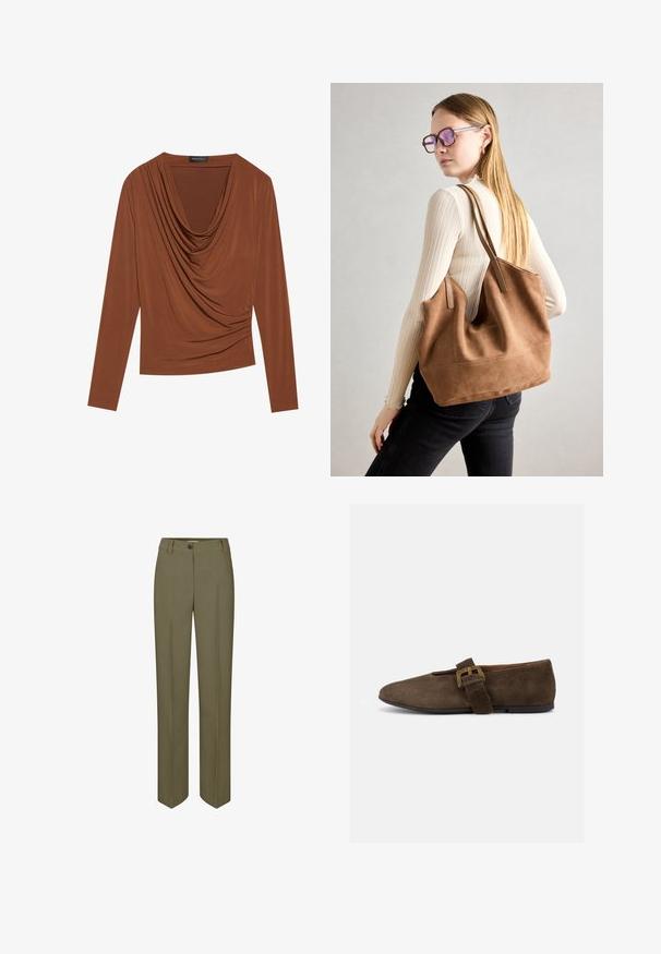 Haut à manches longues en marron foncé, avec un décolleté drapé et des détails froncés sur les côtés, fabriqué en tissu lisse et extensible.; Pantalons ajustés vert olive avec une jambe droite, fermeture à un bouton et deux plis avant, présentant une texture lisse et tissée.; Chaussure plate en daim marron avec une large bride et une boucle dorée, bout arrondi et semelle noire basse, vue de profil sur fond blanc.; Sac fourre-tout en daim marron avec une texture douce, grande ouverture et longues sangles. Présente un design simple avec des coutures visibles et sans matériel.