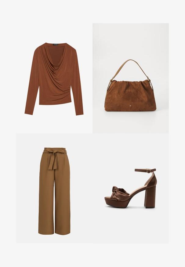 Haut à manches longues en marron foncé, avec un décolleté drapé et des détails froncés sur les côtés, fabriqué en tissu lisse et extensible.; Pantalon marron à jambes larges avec taille haute et ceinture en tissu nouée en nœud à l'avant sur un fond clair uni.; Sandale à talon haut à plateforme marron avec bride avant nouée et bride de cheville ornée d'une boucle ronde dorée, sur fond neutre.; Sac à main en daim marron avec un design plissé, arborant une seule sangle en cuir beige et un discret logo doré à l'avant.