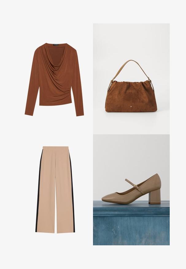 Haut à manches longues en marron foncé, avec un décolleté drapé et des détails froncés sur les côtés, fabriqué en tissu lisse et extensible.; Pantalons larges beige avec une texture lisse, présentant des rayures noires sur les côtés. La taille est élastique pour plus de confort et une utilisation facile.; Escarpin en cuir beige à talon bloc avec bout arrondi et une bride décorative avec une boucle dorée. Texture lisse, design minimaliste.; Sac à main en daim marron avec un design plissé, arborant une seule sangle en cuir beige et un discret logo doré à l'avant.