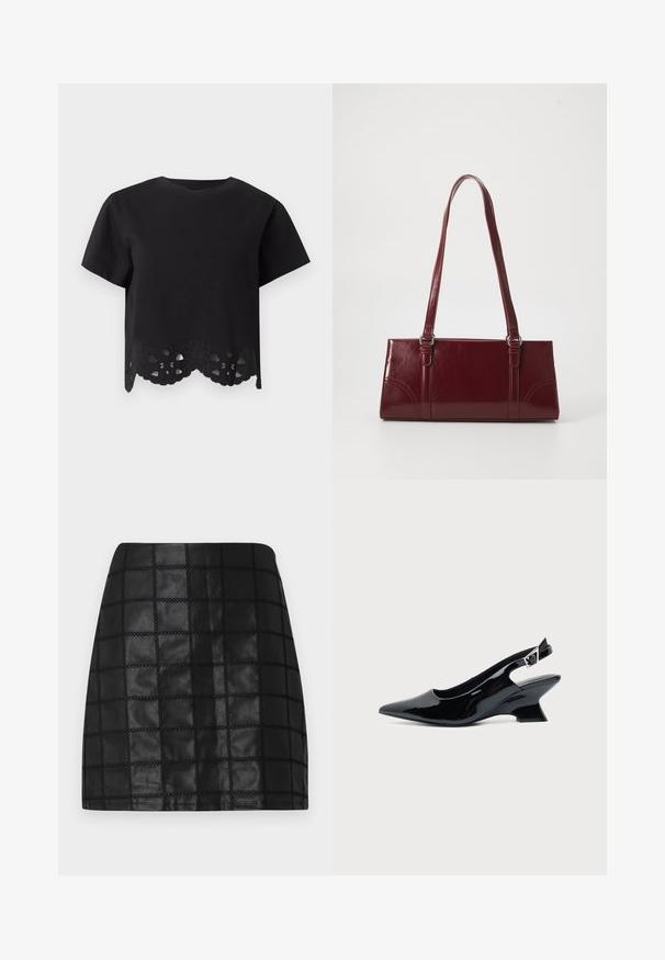 Top negro de manga corta con escote redondo, con detalle de encaje floral recortado a lo largo del dobladillo ondulado.; Minifalda de cuero negro con un patrón de cuadrícula texturizado, presenta costuras elevadas y una silueta ajustada. El acabado liso realza el diseño.; Zapato slingback de cuero charol negro con puntera puntiaguda y tacón bajo en bloque inclinado sobre fondo claro liso.; Bolso burdeos hecho de material brillante, de forma rectangular, con dos asas para el hombro y sutiles acentos curvados en la parte frontal.