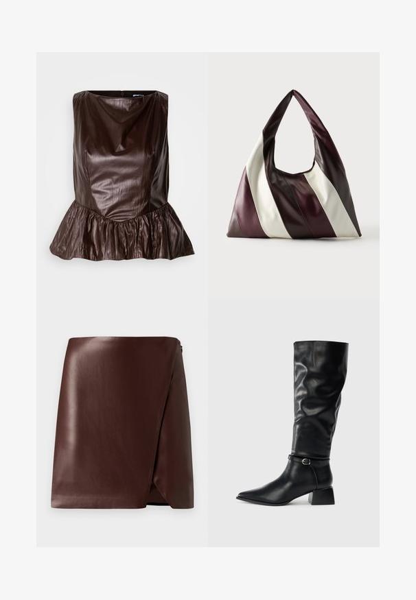 Brun læder peplum top med en rund halsudskæring, tekstureret overflade og en flared flæse ved kanten. Rent, minimalistisk design.; Brun læder indpakningsskirt med en glat tekstur, asymmetrisk kant og lynlås i siden. Minimalistisk design uden mønstre eller accenter.; Sort skindstøvle til midt på læggen med lav blokhæl, spids tå og dekorativ ankelrem med sølvspænde på en ensfarvet baggrund.; Stor trekantet lædertaske med brede diagonale striber i mørkebrun, bordeaux og cremefarver mod en ensfarvet baggrund.