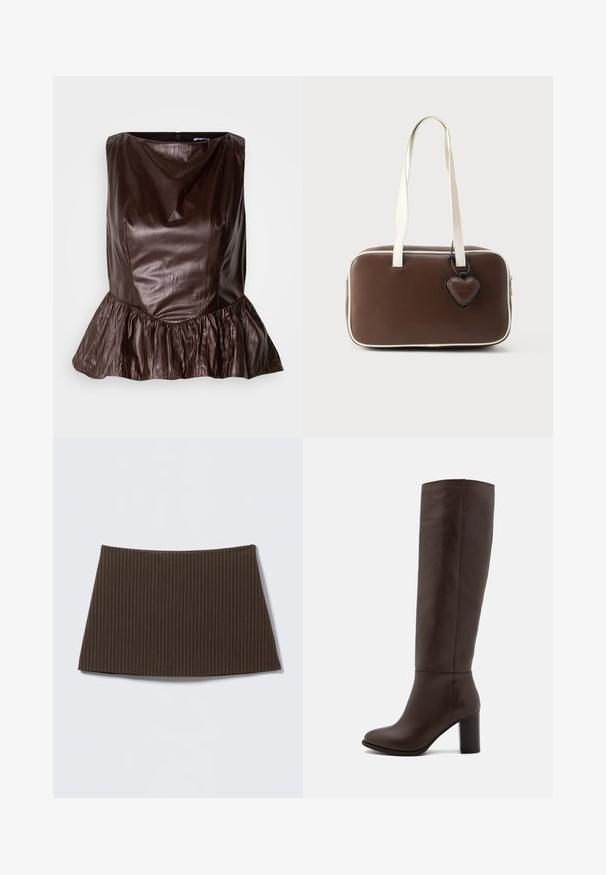 Brun læder peplum top med en rund halsudskæring, tekstureret overflade og en flared flæse ved kanten. Rent, minimalistisk design.; Brun nederdel med nålestriber, tætsiddende design, glat tekstur og flared kant, ideel til et skræddersyet look.; Brun læderknæhøj støvle med en blokhæl, glat tekstur, rund tå og minimale syninger.; Brun håndtaske i kunstlæder med hvid kant, rektangulær form, korte håndtag og dekorativ hjerteformet mærkat fastgjort.