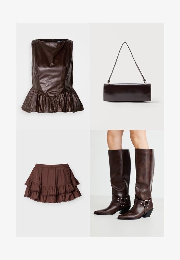 Bruin leren peplum top met een ronde halslijn, textuur en een flared ruche aan de onderkant. Strak, minimalistisch ontwerp.; Bruine gelaagde mini-rok met elastische tailleband en ruches met kanten rand op een effen lichte achtergrond.; RAID NEVIS - Cowboy-/Bikerlaarzen - brown; Rechthoekige zwarte leren handtas met een enkele lange schouderband en een glanzende afwerking, weergegeven tegen een effen witte achtergrond.