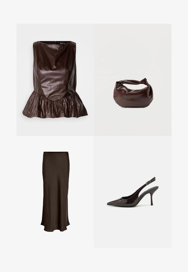 Braunes Leder-Peplum-Top mit rundem Ausschnitt, strukturiertem Oberflächen und einem ausgestellten Volant am Saum. Sauberes, minimalistisches Design.; VILA VIELLETTE HW MIDI SKIRT - NOOS - Maxirock - coffee bean; Slingback-Pumps aus glänzendem dunklen braunen Lackleder, mit spitzer Zehenpartie, offenen Seiten und verstellbarem Knöchelriemen.; Dunkelbraune Lederschultertasche mit weicher, lockerer Form und einem gedrehten Knotengriff vor schlichtem weißem Hintergrund.