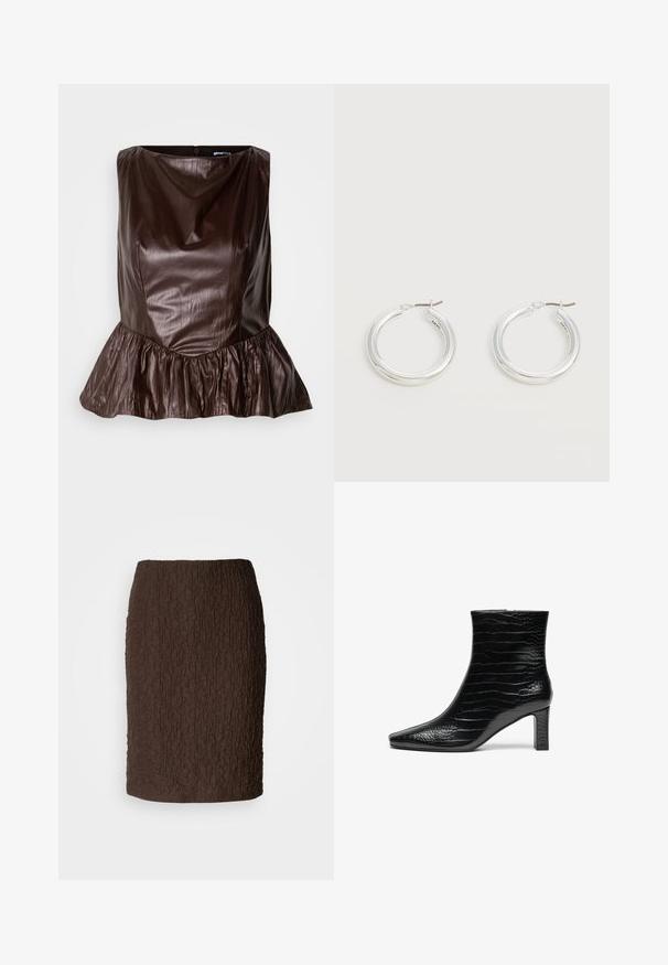 Brun læder peplum top med en rund halsudskæring, tekstureret overflade og en flared flæse ved kanten. Rent, minimalistisk design.; Brun knælang nederdel lavet af tekstureret stof med en krøllet overflade. Har et tætsiddende design og ingen synlige lukninger eller accenter.; Sort ankelstøvle med spids tå, glat kroko-struktur på ydersiden og en mellemhøj firkantet hæl. Glat, strømlinet design.; Par mellemstore skinnende sølv hoops øreringe med tynde metal spænder på en lys neutral baggrund.