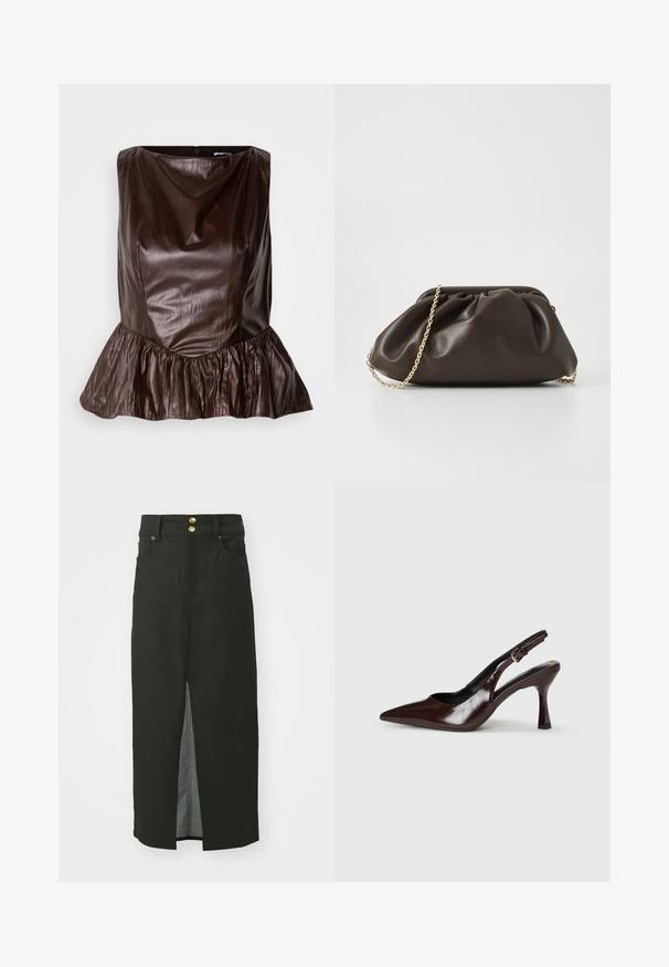 Top peplum de cuero marrón con escote redondeado, superficie texturada y volantes acampanados en el dobladillo. Diseño limpio y minimalista.; Falda de mezclilla negra con cintura alta, cierre de dos botones dorados, abertura frontal y bolsillos laterales. Textura suave y diseño hasta la rodilla.; Zapatos de tacón slingback de charol marrón con punta afilada, tacón delgado y correa ajustable con una pequeña hebilla.; Bolso de mano de cuero marrón con un diseño fruncido, correa de cadena dorada y un acabado suave y texturizado. Forma compacta adecuada para uso nocturno.