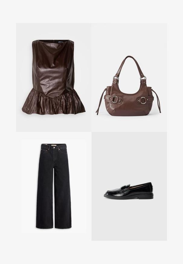 Haut peplum en cuir marron avec un col rond, une surface texturée et un volant évasé au niveau de l'ourlet. Design épuré et minimaliste.; Jean noir à jambe large en denim, comportant cinq poches, des rivets en laiton et une fermeture à bouton classique. Texture lisse avec un design épuré.; Mocassin en cuir noir verni avec bout arrondi, talon bas, sangle décorative et semelle lisse sur un fond gris clair uni.; Sac à main en cuir marron de forme arrondie, avec quincaillerie argentée, deux anses latérales et une texture lisse. Dispose d'une seule poignée supérieure.