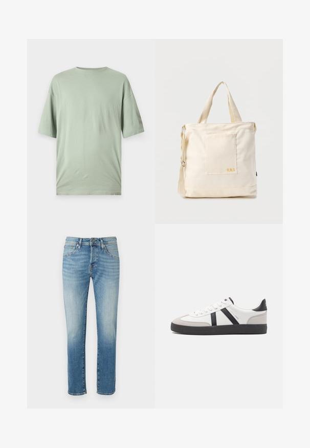 Lichtgroene t-shirt met korte mouwen van zachte stof. Heeft een ronde hals en een relaxed fit zonder zichtbare patronen of versieringen.; Lichtblauwe denim jeans met vervaagde secties, rechte snit, vijf-pocket ontwerp en een eenvoudige metalen knoopsluiting bij de taille.; Witte sneaker met zwarte en grijze accenten, voorzien van een grijze neus met textuur, zwarte rubberen zool en platte witte veters. Schoon ontwerp, minimalistische stijl.; Crèmekleurige canvas boodschappentas met voorvak, twee handvatten, verstelbare schouderriem en kleine gele "O.N.S" tekst rechtsonder op het vak.