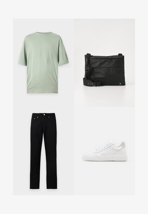 Lys grøn kortærmet t-shirt lavet af blødt stof. Har en rund halsudskæring og en afslappet pasform uden synlige mønstre eller udsmykninger.; Sorte jeans med lige ben, frontknapper, lynlås, bæltestropper og fem lommer på en lys grå baggrund.; Hvide lædersneakers med en glat finish, rund tå, flade snørebånd og en struktureret sål. Grå ruskindsdetalje ved hælen.; Sort nylon messenger-taske med justerbar rem, fladt design og et sideetiket med et logo. Glat tekstur og minimalistisk stil.