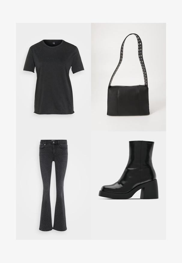 Zwart t-shirt met korte mouwen van katoen, versierd met hartvormige strassaccenten op de voorkant. Ronde halslijn en een relaxed fit.; Zwarte flared jeans van denim, versierd met metallic studs. Vijf zakken en een sluiting met een knoop aan de voorkant.; Zwarte enkellaarzen met een glanzende afwerking, vierkante neus en een dikke blokhak. Het ontwerp heeft een naadloze silhouet en minimale branding.; Zwarte leren handtas met een rechthoekige vorm, voorzien van een ritsluiting en een stippenriem. Gladde textuur, minimale stiksel details.