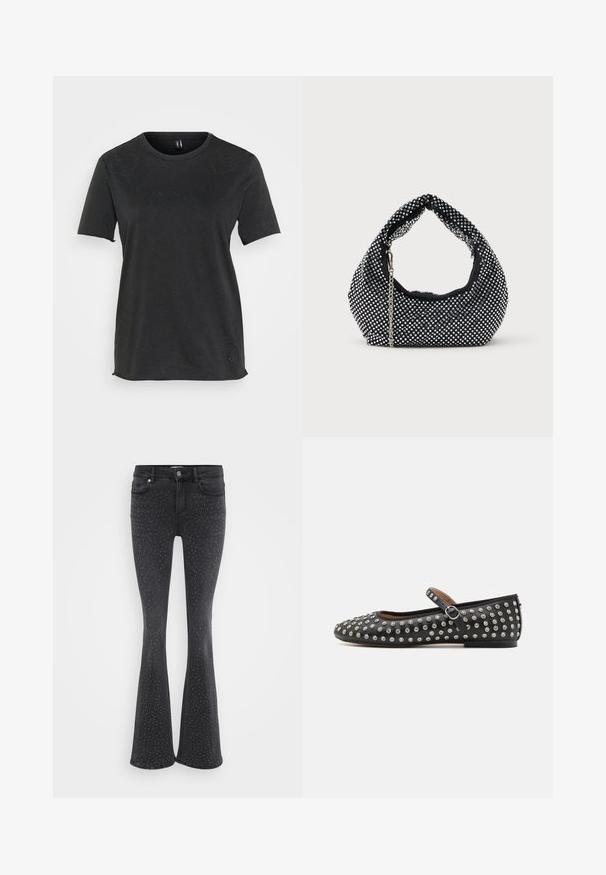 T-shirt noir à manches courtes en coton avec des accents de strass en forme de cœur sur le devant. Encolure ronde et coupe décontractée.; Jean noir évasé en denim, orné de clous métalliques sur l'ensemble. Cinq poches et fermeture à bouton à l'avant.; Chaussure plate en cuir noir avec un bout rond, dotée d'une sangle et de clous argentés répartis uniformément sur la surface supérieure.; Sac à main en maille noire orné de clous en argent, avec une poignée incurvée et une bandoulière en chaîne. Texture douce avec une forme arrondie.