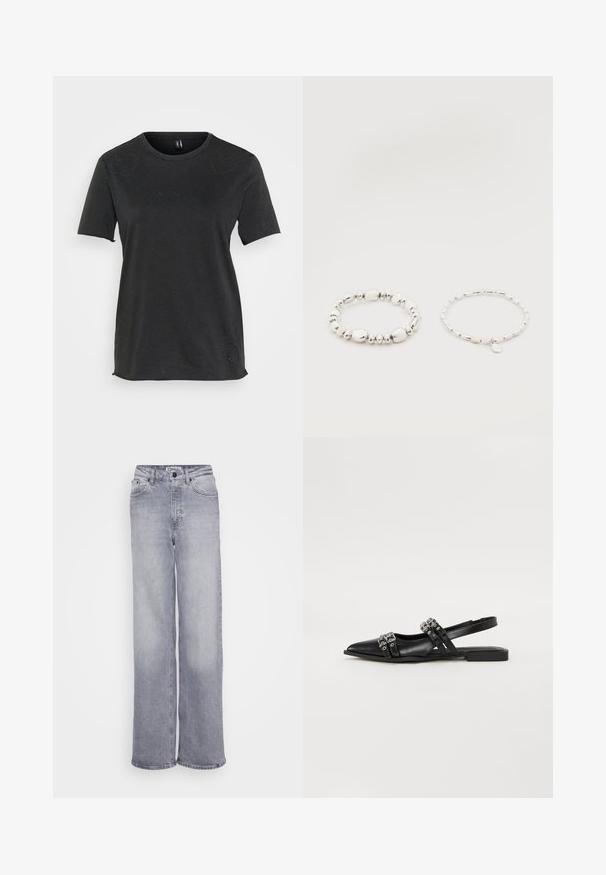 T-shirt noir à manches courtes en coton avec des accents de strass en forme de cœur sur le devant. Encolure ronde et coupe décontractée.; ONLY Tall ONLJUICY WIDE LEG - Wide Leg - medium grey denim; Even&Odd by Zalando Ballerines à brides arrière - black; Deux bracelets de perles argentées sur fond blanc ; l'un avec des perles irrégulières et l'autre avec des perles uniformes et un petit charme en forme de goutte.