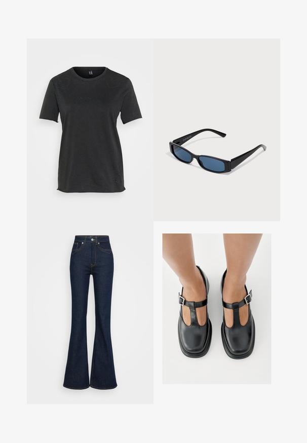Zwart t-shirt met korte mouwen van katoen, versierd met hartvormige strassaccenten op de voorkant. Ronde halslijn en een relaxed fit.; Donkerblauwe hoge taille spijkerbroek met uitlopende pijpen, voor- en achterzakken, zilveren knoopsluiting en oranje stikdetails.; Zwarte leren schoenen met een T-bandontwerp, gesloten teensluiting en zilverkleurige gespdetails. Glad oppervlak met een ronde neus en platte zool.; Zwarte zonnebril met een slank rechthoekig frame en blauwe lenzen. Heeft een gladde textuur en stevige pootjes. Merklogo aan de zijkant.