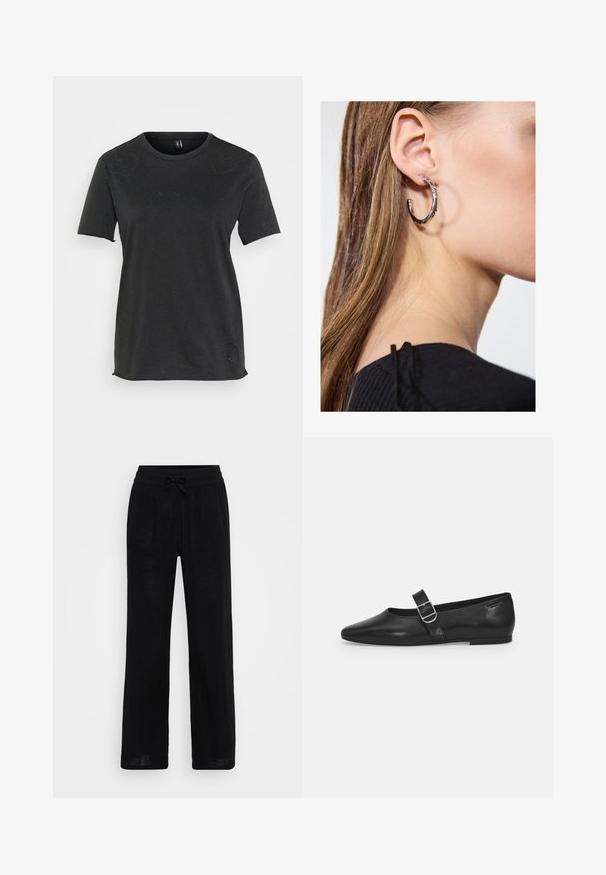 T-shirt noir à manches courtes en coton avec des accents de strass en forme de cœur sur le devant. Encolure ronde et coupe décontractée.; Pantalons larges en lin noir avec une taille élastique et un cordon de serrage. Texture lisse, tissu respirant et design à longueur complète.; Chaussure plate en cuir noir avec un bout arrondi, une seule sangle réglable à boucle et une texture lisse et brillante. Design minimaliste avec un petit talon.; Boucle d'oreille en argent avec une finition polie, présentant de petits détails en or et de forme ronde, portée sur le lobe.