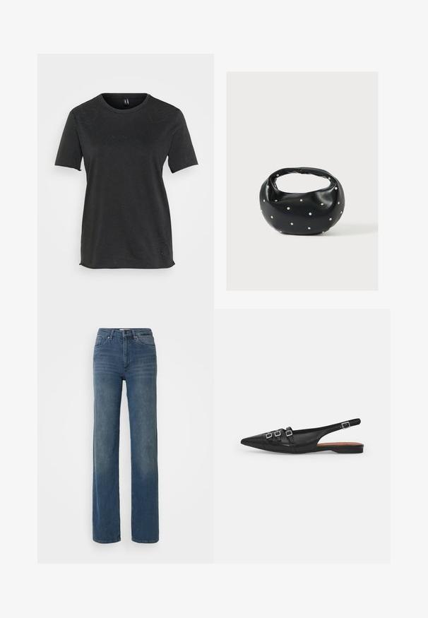 Camiseta negra de manga corta hecha de algodón con acentos de rizas en forma de corazón en la parte delantera. Cuello redondo y ajuste relajado.; Jeans rectos de cintura alta en azul, con bolsillos frontales, pasadores para cinturón, cierre de botón y cremallera. Detalles ligeramente deslavados en los muslos.; Zapato plano slingback de cuero negro con puntera puntiaguda, que presenta dos correas horizontales y hebillas plateadas cuadradas, tacón bajo y textura suave.; Bolso de mano de cuero negro con forma redondeada, decorado con detalles de tachuelas plateadas y un asa corta. Textura lisa y cierre con cremallera.