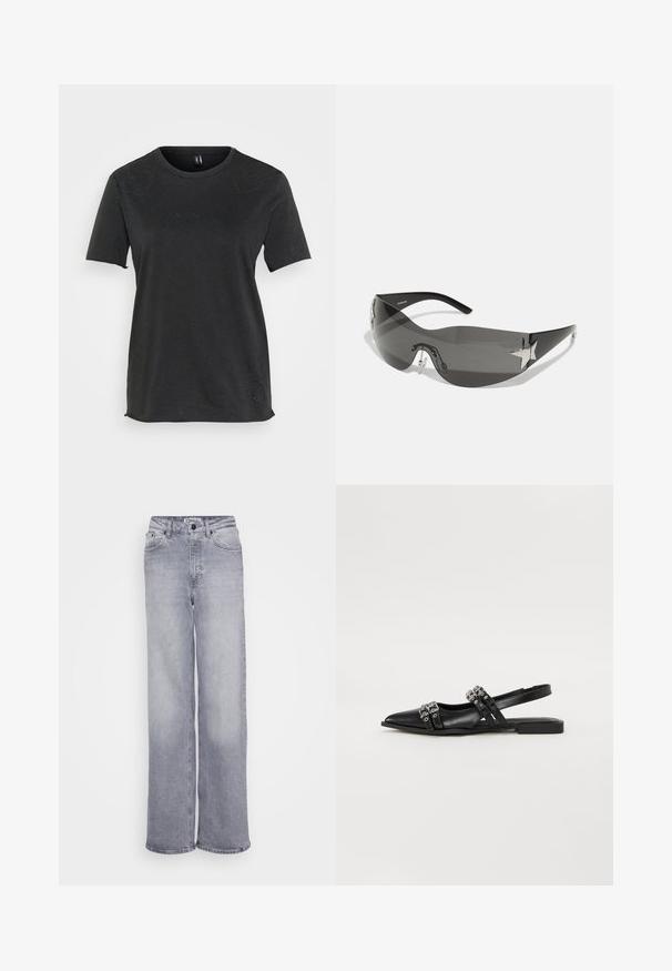 Sort kortærmet t-shirt lavet af bomuld med hjerteformede rhinesten-detaljer foran. Rund halsudskæring og afslappet pasform.; ONLY Tall ONLJUICY WIDE LEG - Wide leg - medium grey denim; Even&Odd by Zalando Slingback-ballerinasko - black; Sorte solbriller med wrap-around design, mørktonede linser, skinnende stjerneformede detaljer og justerbare næsepuder.
