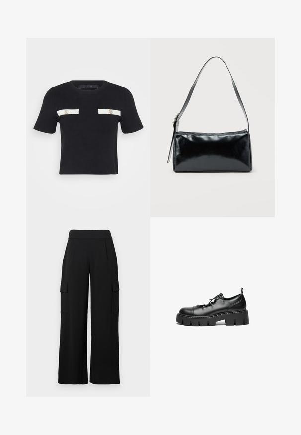 Μαύρη κοντομάνικη μπλούζα με στρογγυλή λαιμόκοψη, που διαθέτει δύο λευκές τσέπες και χρυσά κουμπιά. Το ύφασμα φαίνεται μαλακό και εφαρμοστό.; Μαύροι παντελόνες cargo με ευρύ καβάλο, κατασκευασμένοι από λείο, ελαστικό ύφασμα. Διαθέτουν δύο πλαϊνές τσέπες με καπάκια και ψηλή μέση.; Μαύρα δερμάτινα παπούτσια με κορδόνια, στρογγυλή μύτη, χοντρή πλατφόρμα και διακοσμητικό ραφτό κατά μήκος της άκρης.; Μαύρη ορθογώνια τσάντα ώμου με έναν ρυθμιζόμενο ιμάντα και κλείσιμο με φερμουάρ στην κορυφή σε μονόχρωμο φόντο.