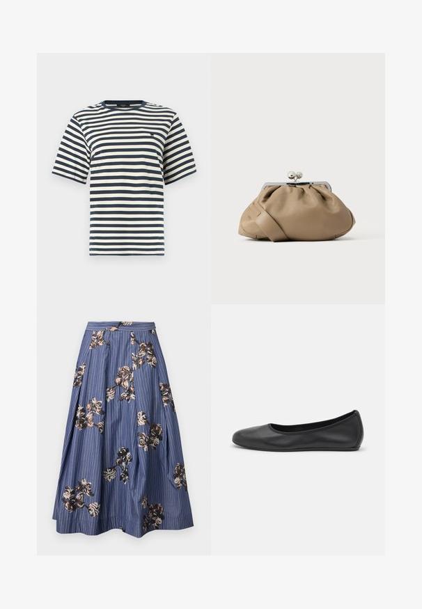 T-shirt à manches courtes avec col ras du cou, rayures horizontales bleu marine et blanches, et petit logo noir brodé sur la poitrine.; Jupe midi bleue avec fines rayures blanches et broderie dispersée de sequins floraux marron, noir et beige, avec des plis et une ceinture ajustée.; Ballerines en cuir noir avec un bout rond, texture lisse, détails de couture minimalistes et design de semelle flexible.; Sac à main en cuir fauve avec un design froncé et une fermeture à clip argentée. Doté d'une sangle fine et plate et d'une texture lisse.