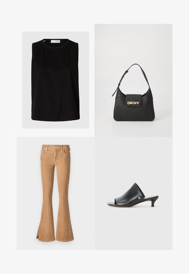 Débardeur noir sans manches avec un col rond. Fabriqué en tissu doux, il présente une coupe décontractée et un design épuré et simple. Uni, sans motifs.; Jean en velours côtelé marron évasé avec une taille haute, des poches à l'avant et des fentes au niveau de l'ourlet. Tissu texturé avec un motif en côtes.; Mules ouverts en cuir noir avec un talon bas. Présentent une surface lisse et un accent logo doré sur le côté.; Sac en cuir noir à épaule avec une forme structurée, mettant en avant un logo doré "DKNY" à l'avant et une sangle courte et réglable.