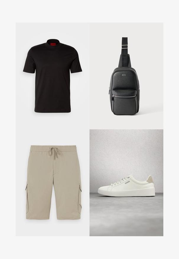 Camiseta negra de manga corta con un diseño de cuello alto. Fabricada con un tejido suave. Presenta una etiqueta de marca roja en el interior del cuello.; Pantalones cortos cargo beige con cinturilla elástica y cordón. Cuentan con bolsillos laterales y una tela suave y ligera.; Zapatilla blanca de corte bajo con cordones y lengüeta trasera beige, con la marca "HUGO", flotando sobre un suelo de hormigón pulido cerca de una pared de bloques de vidrio.; Bolso bandolera de cuero negro con correa ajustable, bolsillo frontal con cremallera y logotipo "BOSS" sobre superficie lisa y texturizada.
