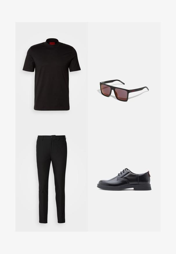Camiseta negra de manga corta con un diseño de cuello alto. Fabricada con un tejido suave. Presenta una etiqueta de marca roja en el interior del cuello.; Pantalones negros de corte ajustado, con cierre de botón, cremallera y dos bolsillos frontales. Tejido suave con un acabado mate.; Zapatos de piel negra con cordones, textura lisa, puntera redondeada y detalles sutiles de costura. Cuentan con una lengüeta roja en el talón.; Gafas de sol rectangulares negras con lentes de color rojo oscuro, con un acabado mate y un logo rojo en la patilla. Montura de plástico resistente.