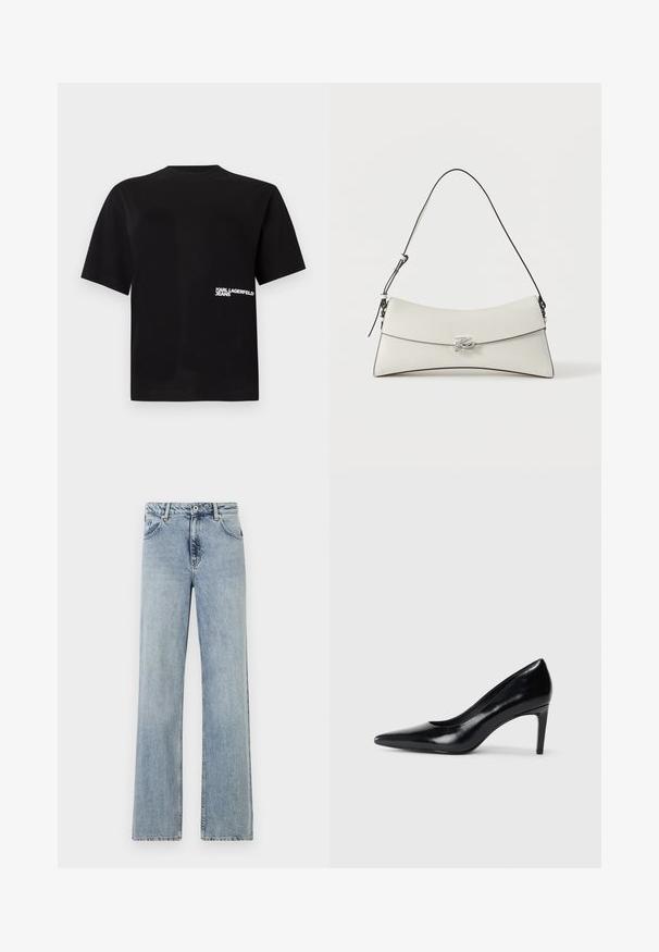 Schwarzes Baumwoll-T-Shirt mit Rundhalsausschnitt und kurzen Ärmeln, mit weißem "Karl Lagerfeld Jeans"-Text auf der linken Seite.; Helles blau, weit geschnittene Jeans aus Denim. Mit Knopf- und Reißverschluss, Fronttaschen und dezentem Verblassen. Saubere Säume.; Schwarzer Lederhochschuh mit spitzem Zehenbereich, glatter Textur und schmalem Absatz. Minimalistisches Design, keine zusätzlichen Verzierungen.; Weiße Lederschultertasche mit geschwungenem Überschlag, schwarzer Kante, verstellbarem Riemen und silberner dekorativer Schnalle auf schlichtem Hintergrund.